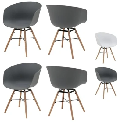 Image of Folkbury Set of 4 Modern Retro Chairs White Plastic Seat Wooden Legs Chair Dining for Office Lounge Kitchen Bedroom (GREY)