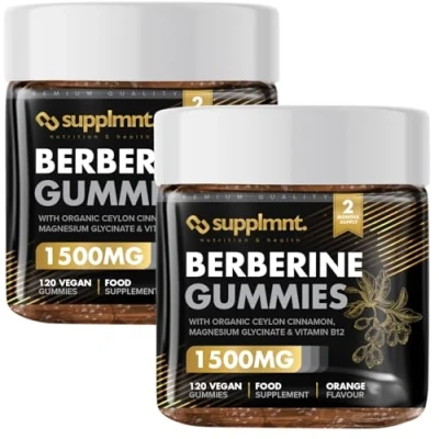 Image of supplmnt. Berberine Gummies Dual Pack, 1500mg with 1000mg Ceylon Cinnamon, 2.4mg Vitamin B12 &amp; 400mg Magnesium Glycinate Powerful Metabolism Immune Support Supplement Orange Flavour