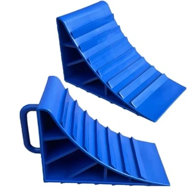 Image of Wheel Chocks With Handles Set of 2 Tyre Saver Brake Stoppers Ridged Wedges for Cars Caravan Horsebox Motorhome (2 Blue Chocks)