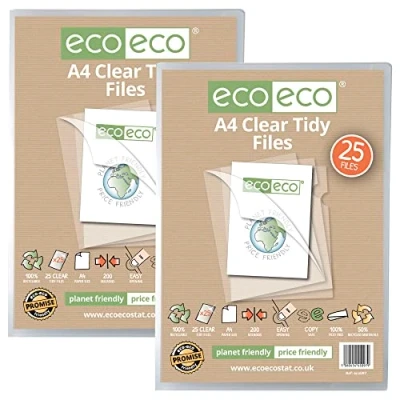 Image of eco A4 50% Recycled Bag 50 Tidy Report Files, 200 Micron Open Top &amp; Side Covers File Wallets Clear Cut Flush, eco097x2