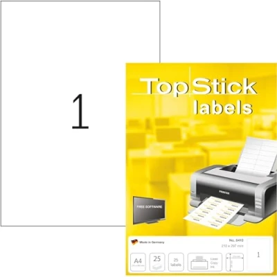 Image of TopStick Self Adhesive Multipurpose Labels, 1 Label per A4 Sheet, 25 Sheets, 210 x 297 mm, Blank Universal Labels Stickers, Sticky for Laser &amp; Inkjet Printer, White