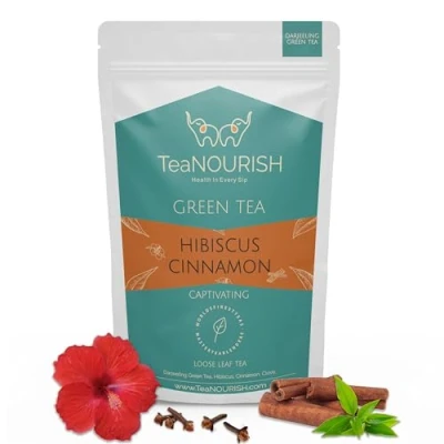 Image of TeaNOURISH Hibiscus Cinnamon Green Tea Darjeeling Loose Leaf 100% Natural Flower, &amp; Clove Delicious Refreshing Brew Hot or Iced 3.53oz/100g