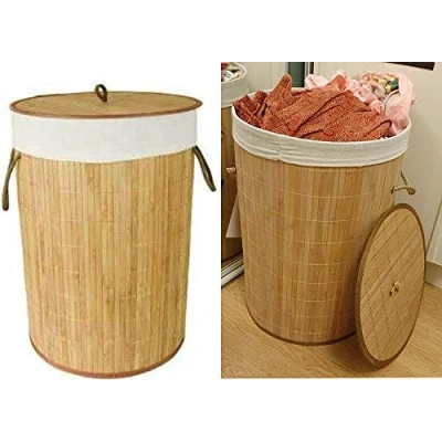 Image of MantraRaj Natural Bamboo Round Laundry Basket Collapsible with Lid, Handles, and Cloth Liner Clothes Storage Organizer for Bedroom, Bathroom Hamper Bin Washing