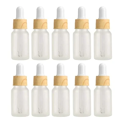 Image of JamHooDirect 10Pcs, 10ml Glass Dropper Bottles with Pipettes, Mini Empty for Essential Massage oils/Chemical Liquid (frosted clear/wood grain plastic cap)
