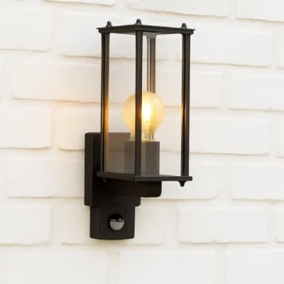 Image of CGC Lighting Outdoor Outside Wall Light Mains Power Bevelled Glass Coach Lantern Porch Garden Decorative Lamp Fixture Waterproof (Black PIR)