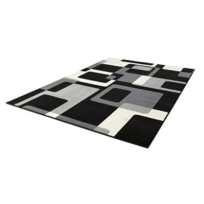 Image of HANSE Home Retro Living Room Rug Short Pile Graphic Pattern Modern Abstract Design Velour for Dining Room, Children&#039;s Hallway, Bedroom, Kitchen, Black Cream, 120 x 170 cm
