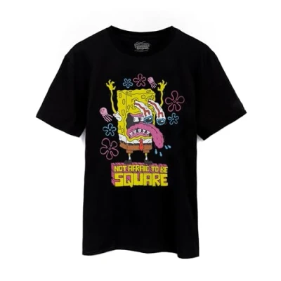 Image of SPONGEBOB SQUAREPANTS Mens T Shirt Black Not Afraid to Be Square Graphic Tee for Him Iconic Cartoon Lightweight Short Sleeve Top Sponge Bob Merchandise Gift Adults