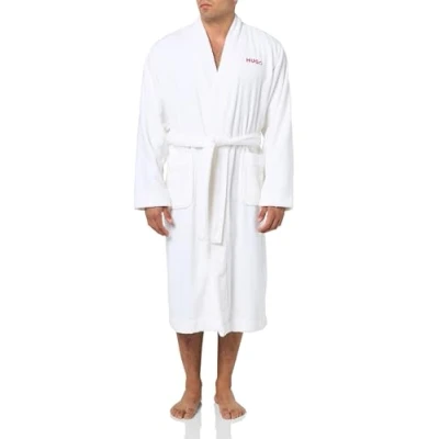 Image of HUGO Men&#039;s Long Terry Robe with Embroidered Logo, Blank White, XL