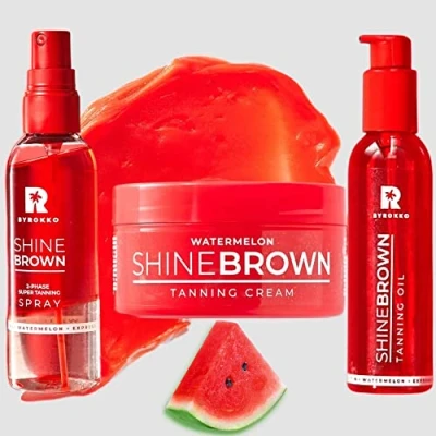 Image of BYROKKO Original Shine Brown Watermelon Tanning SET 3IN1 Super Fast Cream (200ml) + Premium Oil for Express Tan (145ml) Two Phase Spray (104ml), Sunbed &amp; Outdoor Sun