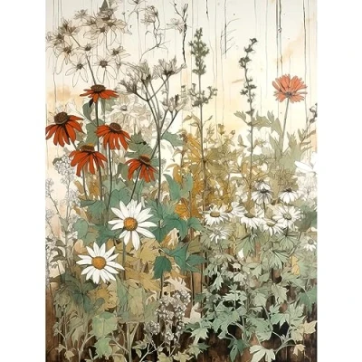 Image of Artery8 Wildflowers Vintage Watercolour Painting Red White Daisy Flowers Spring Field Large Wall Art Poster Print Thick Paper 18X24 Inch