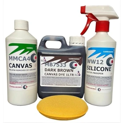 Image of Carbusonic Dark Brown convertible roof dye, soft top hood and canvas restorer, restores colour to fabrics.