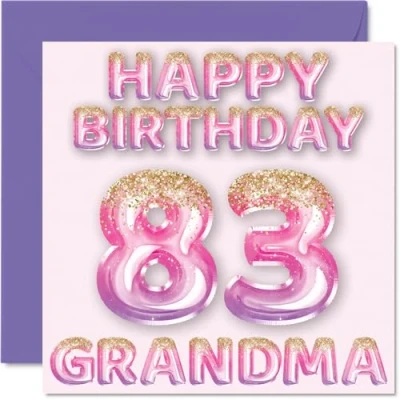 Image of 83rd Birthday Card for Grandma Pink &amp; Purple Glitter Balloons Happy Cards 83 Year Old from Grandson Granddaughter, 145mm x Bday Greeting Gift