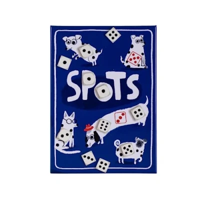 Image of Spots A game about rolling dice, pushing your luck and dogs For ages 10+. 1 4 Players, 20 30 minutes play time, Blue