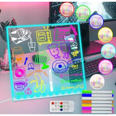 Image of Fanrui 7 Colors Change Multi Purpose LED Note Board,7.87 x 7.87Acrylic Light Up Remote Control Dry Erase Board with Timmer &amp; Dimmable, Glow Memo Message Magic Drawing