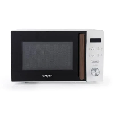 Image of Salter EK5932WHT Toronto 20L Digital Microwave 95 Minute Timer, Defrost, 25.5cm Glass Turntable, 8 Auto Function Presets, LED Display, Wood Effect Accents, Child Lock, 25.9 x 44 33.5cm, 800W White