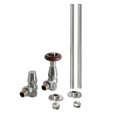 Image of Milano Windsor Traditional Satin Nickel Angled Thermostatic Radiator Valve TRV Pipe Set