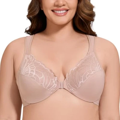Image of MELENECA Front Fastening Bras for Women Plus Size Underwire Unlined Lace Cup Cushion Strap Beige 44E