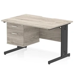 Image of Impulse 1200 x 800mm Scalloped Edge Office Desk Grey Oak Top Black Cable Managed Leg Workstation 1 2 Drawer Fixed Pedestal