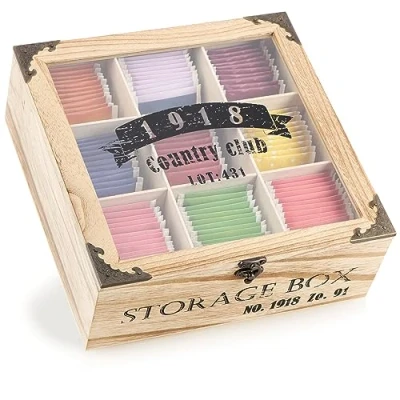 Image of com four® Rustic tea bag storage box with 9 compartments, window and closure in country style shabby chic (rustic 1918 compartments)