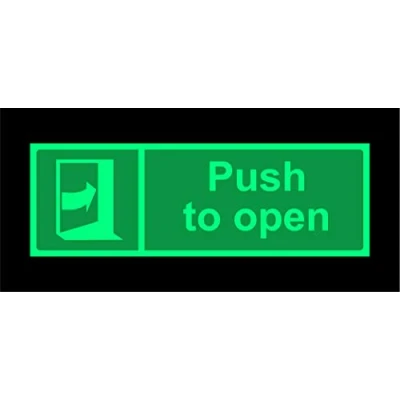 Image of Push to open door Safety sign 1.2mm Photoluminescent glow in the dark rigid plastic with self adhesive backing 300mm x 100mm