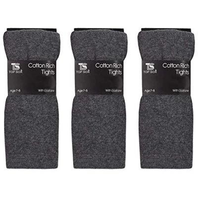 Image of Girls Childrens 3 Pairs Plain Tights Back To School Everyday Cotton Rich Leggings Grey 2