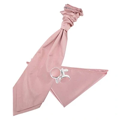 Image of DQT Men Plain Satin Wedding Scrunchie Pre Tied Cravat, Pocket Square &amp; Cufflinks Dusty Pink