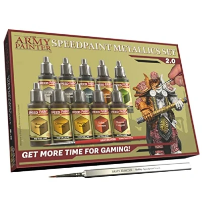 Image of The Army Painter Speedpaint 2.0 Metallics Set Combo, 10 Bottles of Non Toxic Metal Contrast Acrylic Model Paint 18ml, 1 Free Brush and Basecoating for Miniature Fantasy Wargaming