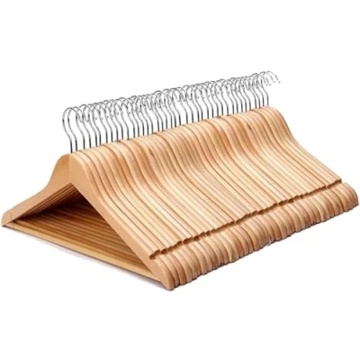 Image of KARAN KING Strong Brown Wooden Coat Hangers with Non Slip Trouser Bar and Smooth Finish MM (Pack of 40)