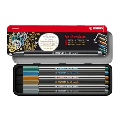 Image of Metallic Premium Felt Tip Pen STABILO 68 Tin of 6 Assorted Colours