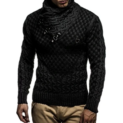 Image of Leif Nelson Men&#039;s Pullover Knit Sweater Chunky Shawl Collar LN 5255 Anthracite Black Small