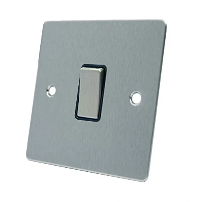 Image of AET FSC1GSWIBSI Satin Chrome Flat Intermediate Black Insert Metal Rocker Switch 10 Amp Single 1 Gang Light Switch, 240 V