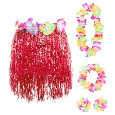 Image of Red Hawaiian Set Fancy Dress Costume Kit Coloured 40cm Short Hula Skirt + Flower Lei Necklace Pair of Bracelets Headband 5 Piece Hawaii Grass Luau