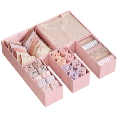 Image of SONGMICS Drawer Organisers, Dresser Dividers, Set of 12, Foldable Fabric Storage Boxes for Socks, Underwear, Bras, Ties, Scarves, Jelly Pink RDZ006R01