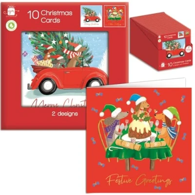 Image of Tom Smith Giftmaker Pack 10 Square Christmas Cards 2 Festive Canine Designs 14cm