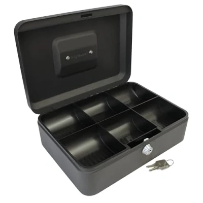 Image of Cathedral Products Key Lockable Cash Box with Lift Out 6 Compartment Coin Tray 10 Inch Black
