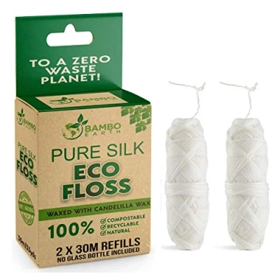 Image of Biodegradable Mint Dental Tooth Lace Floss 2X Refillable Flossers 100% Organic Natural and Compostable Teeth Silk Spool Waxed with Candelilla Wax &amp; Eco Friendly Zero Waste Packaging