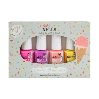 Image of Miss Nella SUMMER COLLECTION Glitter, kids Nail Polish set of 4: WATERMELON, BLUEBERRY, PEACH &amp; BANANA Peel Off varnish for toddlers