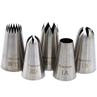 Image of Tumtanm 9FT 1B 356 1A 2D# Seamless Stainless Steel Piping Icing Tips, 5 Pack Extra Large Nozzles Cupcake Decorating Kit