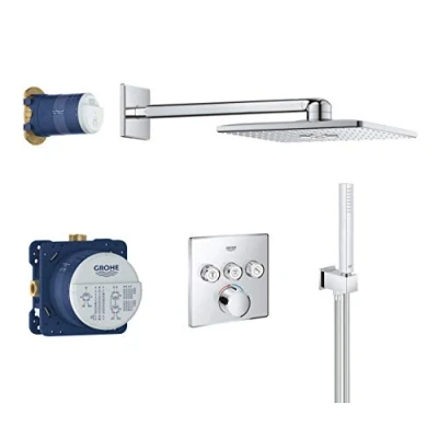 Image of GROHE SmartControl Concealed 3 way Mixer Valve Push Button Shower Set (SmartActive Cube 31cm Head 2 Spray, Hand 1 Hose 1.5m, Turn for Volume Adjustment), Chrome, 34712000