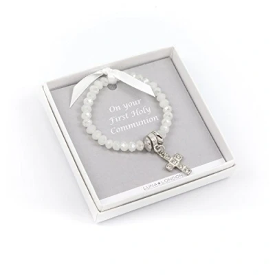 Image of Metal Planet Ltd First Holy Communion pearlescent commemorative gift. Sparkly cross design in smart white box