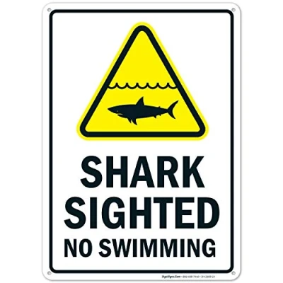 Image of Inga Shark Sighted No Swimming Sign Funny Retro Metal 8x12 inches