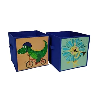 Image of RSW Set Of 2 Kids Blue Toy Storage Cube Boxes Fabric Unit 26cm x Dinosaur &amp; Lion Design