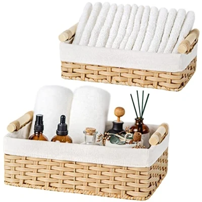 Image of GRANNY SAYS Wicker Baskets with Liner, Rattan Organizer for Shelves, Small Decorative Home Decor, Back of Toilet Storage Basket Organizing, Set 2