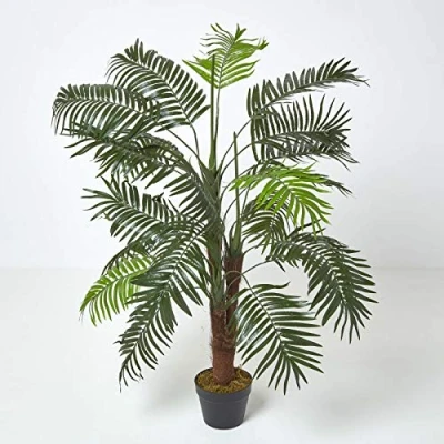 Image of HOMESCAPES Artificial Mini Palm Tree Tropical Office Conservatory Indoor Plant Green 120cm/ 4 ft with Black Pot