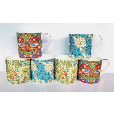Image of William Morris Large Balmoral Strawberry Thief Desgin Mugs Set of 6