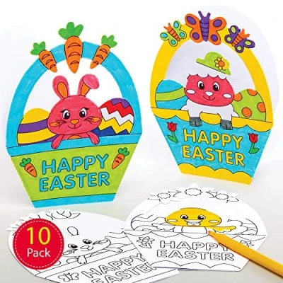 Image of Baker Ross AT516 Easter Basket Colour in Cards Pack of 10, Creative Art and Craft Supplies for Kids to Make Decorate, White