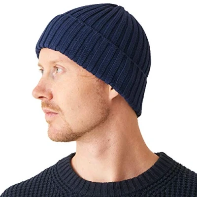 Image of CHARM Casualbox Mens Fisherman&#039;s Beanie 100% Cotton Womens Knit Cap Classic Design Simple Ribbed Slouch Hat Navy(Size: One Size)