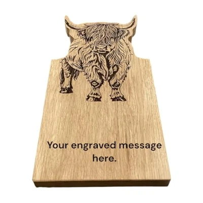 Image of Personalised 30cm Solid Oak Highland Cow Shaped Chopping Serving Board Engraved with Any Message
