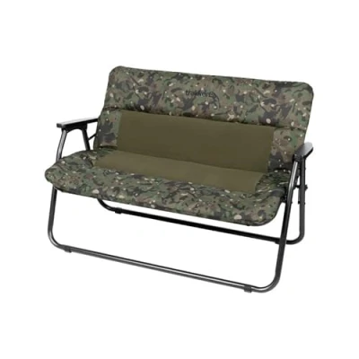 Image of Trakker RLX Bench Chair, 2 Person Carp Fishing Comfortable Padding, Arm Rests, Quick Set Up, Fold Flat Design, Carry Handles, Camo Pattern, Code 217227.