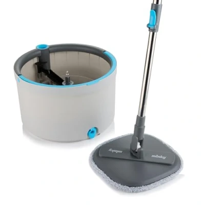 Image of Minky Opti Clean Spin Mop, 360 &amp; Rinse Wringing System, Reusable Powerful Microfibre Velcro Pad, Dual Cavity 2L Bucket with Sturdy Handle, Light Grey Dark Trim Blue Accents